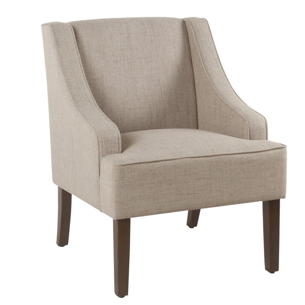 Fabric Upholstered Wooden Accent Chair with Swooping Armrests, Beige and Brown-Accent Chairs-Beige and Brown-Wood and Fabric-JadeMoghul Inc.