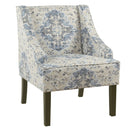 Fabric Upholstered Wooden Accent Chair with Swooping Armrests, Blue, Cream and Brown-Accent Chairs-Cream, Blue & Brown-Wood and Fabric-JadeMoghul Inc.