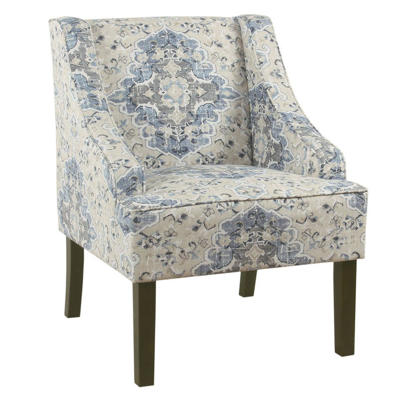 Fabric Upholstered Wooden Accent Chair with Swooping Armrests, Blue, Cream and Brown-Accent Chairs-Cream, Blue & Brown-Wood and Fabric-JadeMoghul Inc.