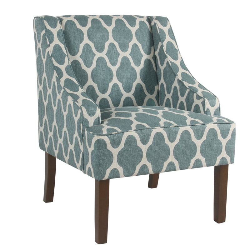 Fabric Upholstered Wooden Accent Chair with Swooping Armrests, Blue, White and Brown-Accent Chairs-Blue, White & Brown-Wood and Fabric-JadeMoghul Inc.