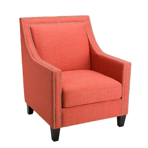 Fabric Upholstered Wooden Accent Chair with Swooping Arms and Nail head Trim, Red and Brown-Accent Chairs-Red and Brown-Wood and Fabric-JadeMoghul Inc.