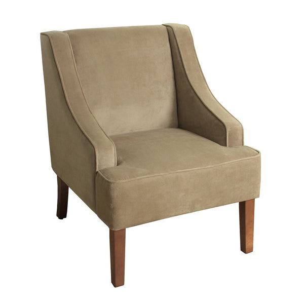 Fabric Upholstered Wooden Accent Chair with Swooping Arms, Brown-Accent Chairs-Tan and Brown-Wood and Fabric-JadeMoghul Inc.