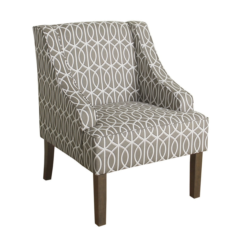 Fabric Upholstered Wooden Accent Chair with Trellis Pattern Design, Gray, White and Brown-Accent Chairs-Gray, White & Brown-Wood and Fabric-JadeMoghul Inc.