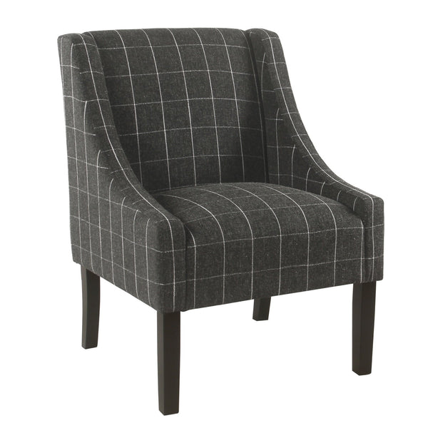 Fabric Upholstered Wooden Accent Chair with Windowpane Pattern, Black-Accent Chairs-Black-Wood and Fabric-JadeMoghul Inc.