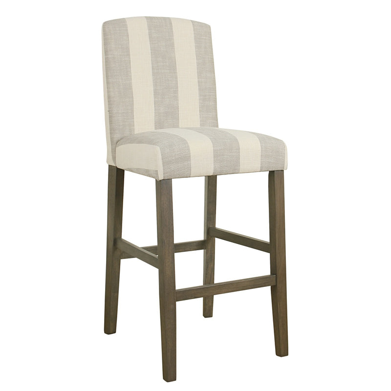Fabric Upholstered Wooden Barstool with Awning Stripe Pattern, White and Gray, Large-Bar Stools & Tables-White and Gray-Wood Plywood and Fabric-JadeMoghul Inc.