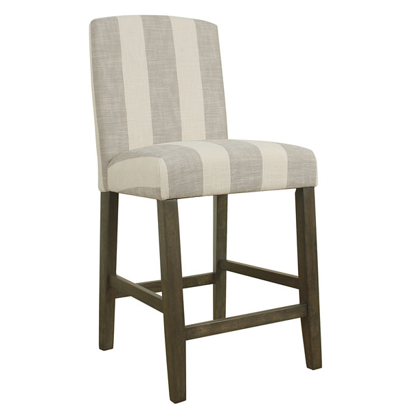 Fabric Upholstered Wooden Barstool with Awning Stripe Pattern, White and Gray, Small-Bar Stools & Tables-White and Gray-Wood Plywood and Fabric-JadeMoghul Inc.