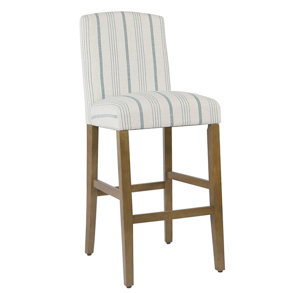 Fabric Upholstered Wooden Barstool with Striped Cushioned Seat, White and Blue-Bar Stools & Tables-White and Blue-Wood Plywood and Fabric-JadeMoghul Inc.