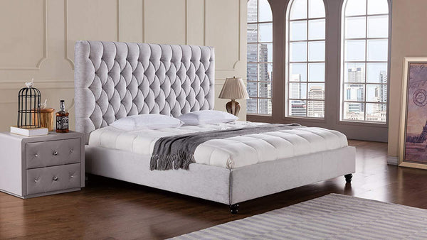 Fabric Upholstered Wooden California King Bed with High Button Tufted Headboard, Gray-Bedroom Sets-Gray-Fabric, Wood-JadeMoghul Inc.