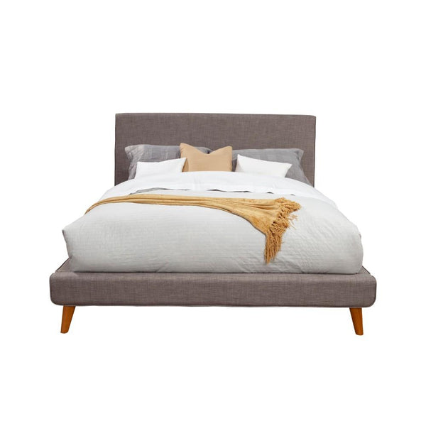 Fabric Upholstered Wooden California King Size Platform Bed, Gray-Bedroom Furniture-Gray and Brown-Poplar and Pine Wood-JadeMoghul Inc.