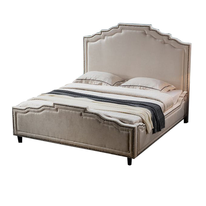 Fabric Upholstered Wooden California King Sized Bed with Designer Headboard, Cream-Bedroom Sets-Cream-Fabric and wood-JadeMoghul Inc.