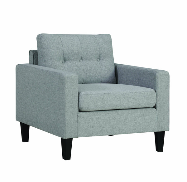 Fabric Upholstered Wooden Chair with Button Tufted Back and Contrast Pillows, Gray and Black-Accent Chairs-Gray and Black-Fabric and Wood-JadeMoghul Inc.