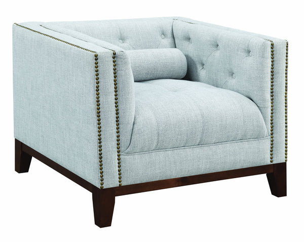 Fabric Upholstered Wooden Chair with Button Tufted Back and Nail head Trims, White and Brown-Accent Chairs-White and Brown-Fabric and Wood-JadeMoghul Inc.