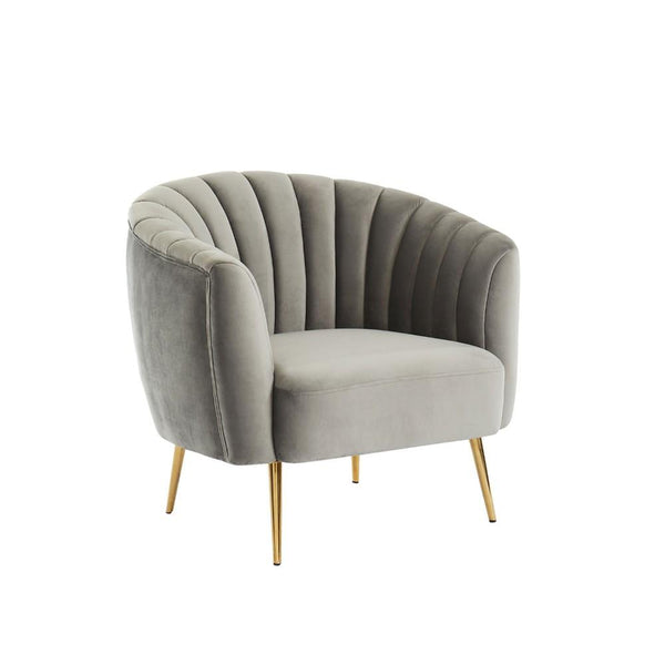 Fabric Upholstered Wooden Chair with Shell Tufting and Metal Splayed Legs, Gray and Gold-Accent Chairs-Gray and Gold-Wood Metal and Fabric-JadeMoghul Inc.