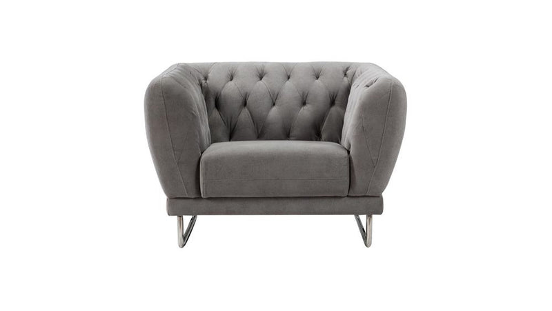 Fabric Upholstered Wooden Chair with Tufted Back and Steel Legs, Gray-Accent Chairs-Gray-Wood, Stainless Steel, Polyester-JadeMoghul Inc.