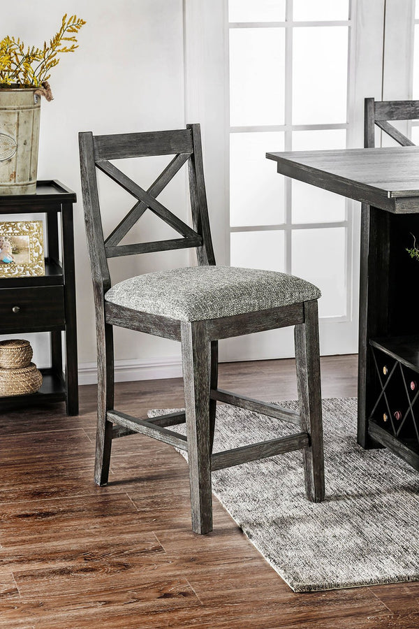 Fabric Upholstered Wooden Counter Height Chair with X Cross Back, Gray, Pack of Two-Chairs-Gray-Fabric Wood-JadeMoghul Inc.