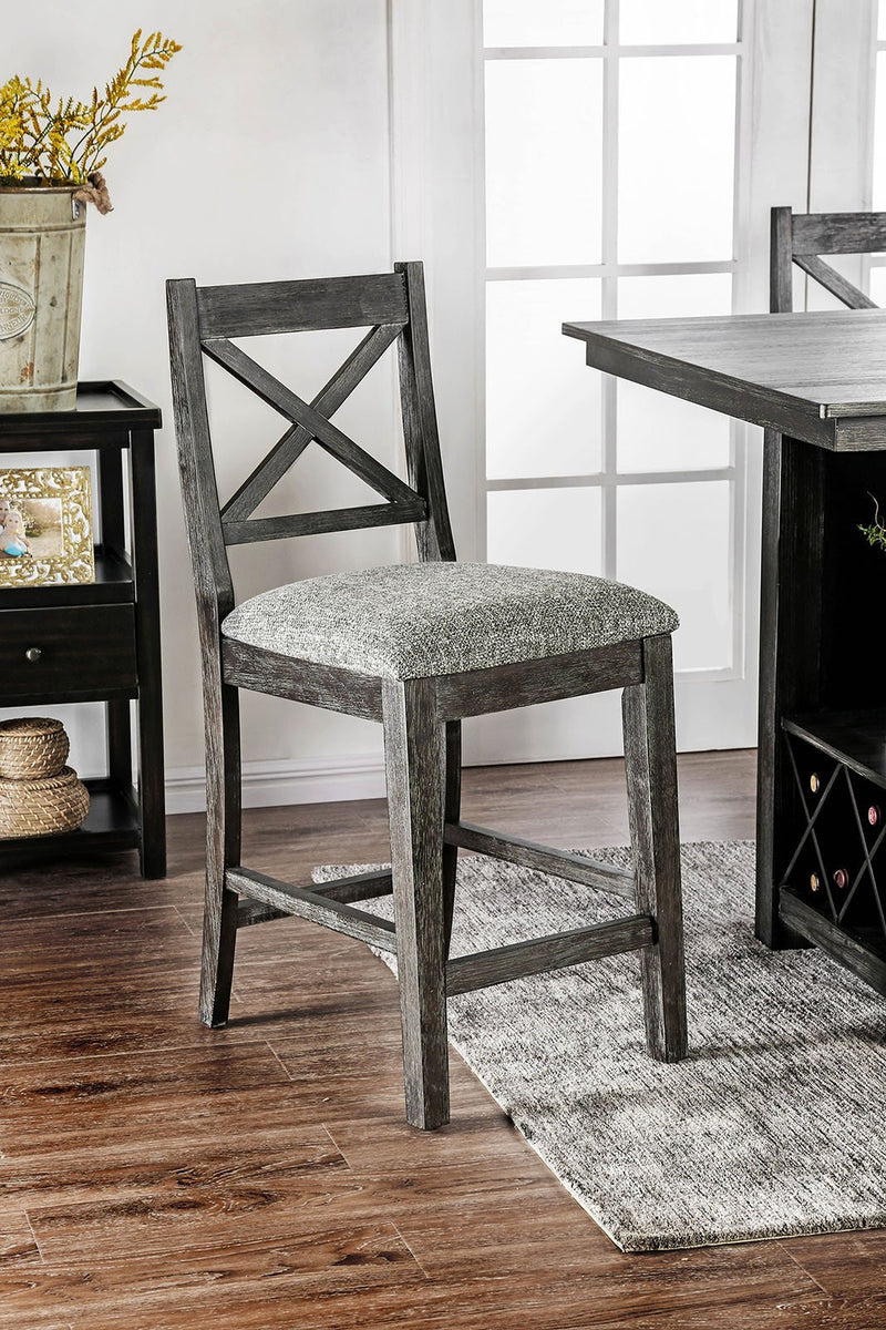 Fabric Upholstered Wooden Counter Height Chair with X Cross Back, Gray, Pack of Two-Chairs-Gray-Fabric Wood-JadeMoghul Inc.