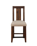 Fabric Upholstered Wooden Counter Height Stool with Exposed Joints, Brown and Beige