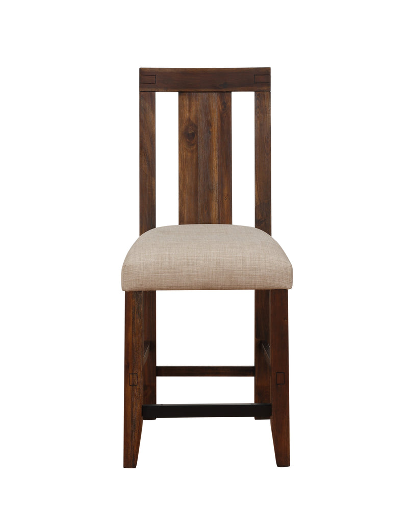 Fabric Upholstered Wooden Counter Height Stool with Exposed Joints, Brown and Beige