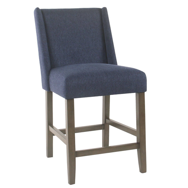 Fabric Upholstered Wooden Counter Stool with Curved Backrest and Cushion Seat, Navy Blue-Bar Stools & Tables-Blue-Wood and Fabric-JadeMoghul Inc.