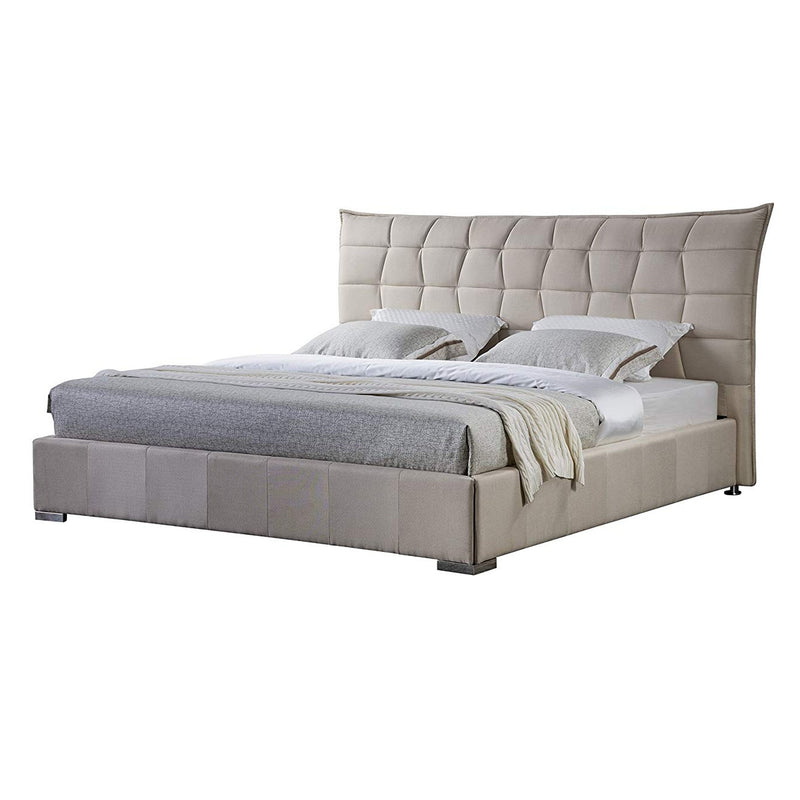 Fabric Upholstered Wooden Eastern King Sized Bed with Grid Patterned Tufted Headboard, Cream-Bedroom Sets-Cream-Fabric, Metal and wood-JadeMoghul Inc.