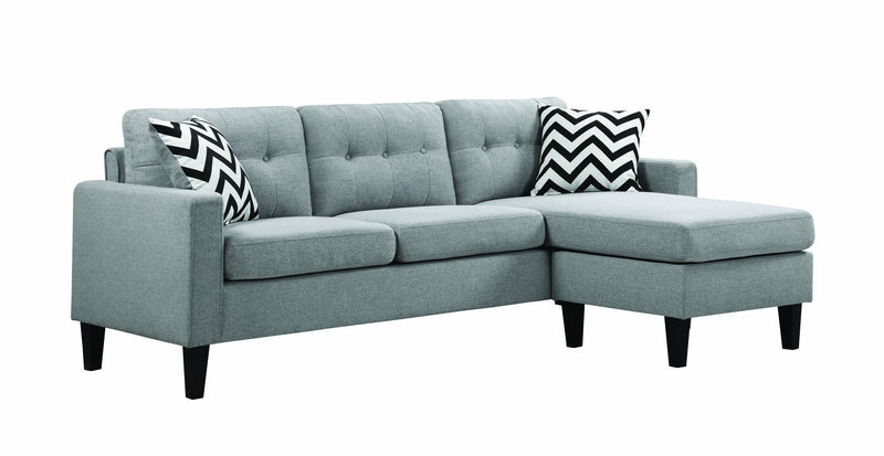 Fabric Upholstered Wooden Sectional with Button Tufted Back and Contrast Pillows, Gray and Black-Sofas Sectionals & Loveseats-Gray and Black-Fabric and Wood-JadeMoghul Inc.