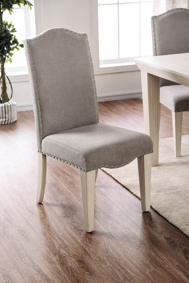 Fabric Upholstered Wooden Side Chair, White And Gray, Pack Of Two-Dining Chairs-White And Gray-Fabric and Solid Wood-JadeMoghul Inc.