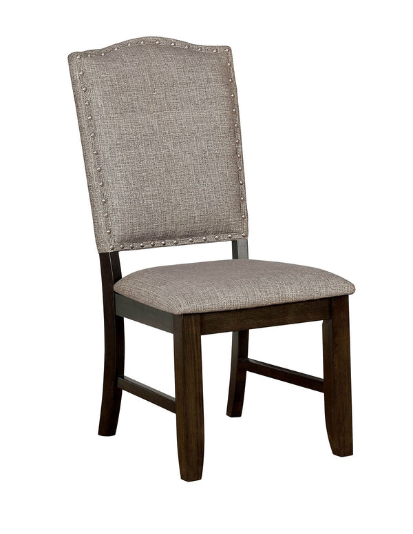 Fabric Upholstered Wooden Side Chair with Camelback, Pack of Two, Gray and Walnut Brown-Dining Chairs-Gray And Brown-Wood and Fabric-JadeMoghul Inc.