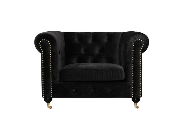 Fabric Upholstered Wooden Sofa Chair with Nail Head Trim and Steel Casters, Black-Sofa & Sectionals-Black-Wood Velvet Fabric and Steel-JadeMoghul Inc.