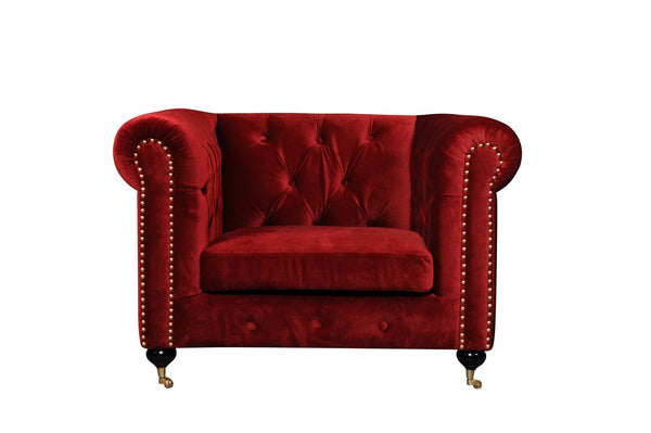 Fabric Upholstered Wooden Sofa Chair with Nail Head Trim and Steel Casters, Red-Sofa & Sectionals-Red-Wood Velvet Fabric and Steel-JadeMoghul Inc.