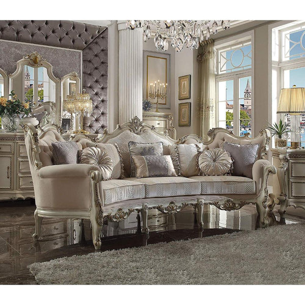Fabric Upholstered Wooden Sofa with Eight Pillows, Antique Pearl White-Living Room Furniture-White-Fabric Wood and Poly Resin-JadeMoghul Inc.
