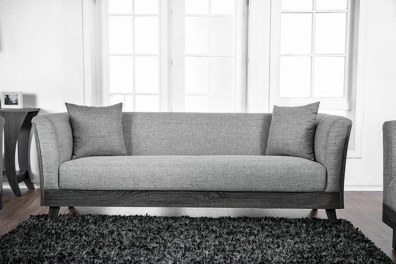 Fabric Upholstered Wooden Sofa with Flared Armrest and Angled Legs, Gray-Living Room Furniture-Gray-Wood and Fabric-JadeMoghul Inc.