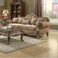 Fabric Upholstered Wooden Sofa with Scrolled Molding Trim, Brown-Living Room Furniture-Brown-Fabric Wood and Poly Resin-JadeMoghul Inc.