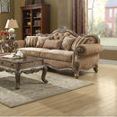 Fabric Upholstered Wooden Sofa with Scrolled Molding Trim, Brown-Living Room Furniture-Brown-Fabric Wood and Poly Resin-JadeMoghul Inc.