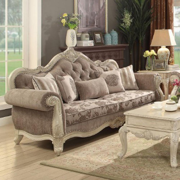 Fabric Upholstered Wooden Sofa with Scrolled Molding Trim, Gray and White-Living Room Furniture-Gray and White-Fabric Wood and Poly Resin-JadeMoghul Inc.