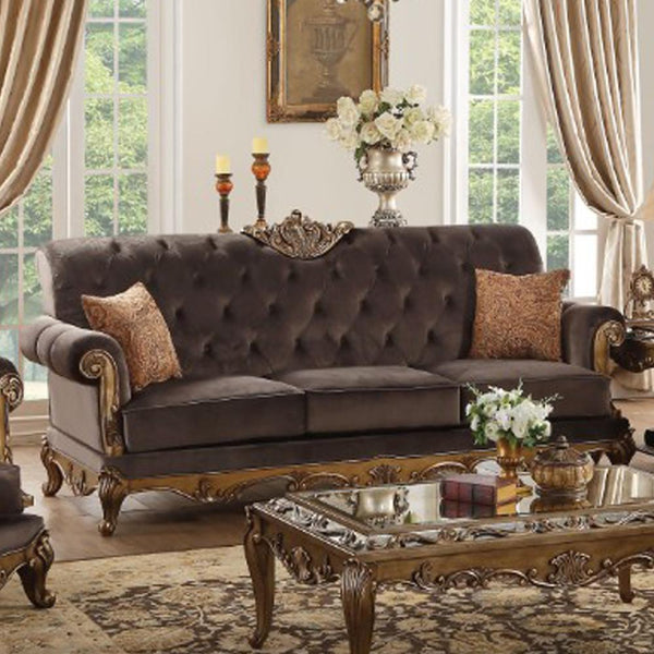 Fabric Upholstered Wooden Sofa with Two Pillows, Gray & Gold-Living Room Furniture-Gray & Gold-Fabric and Wood-JadeMoghul Inc.