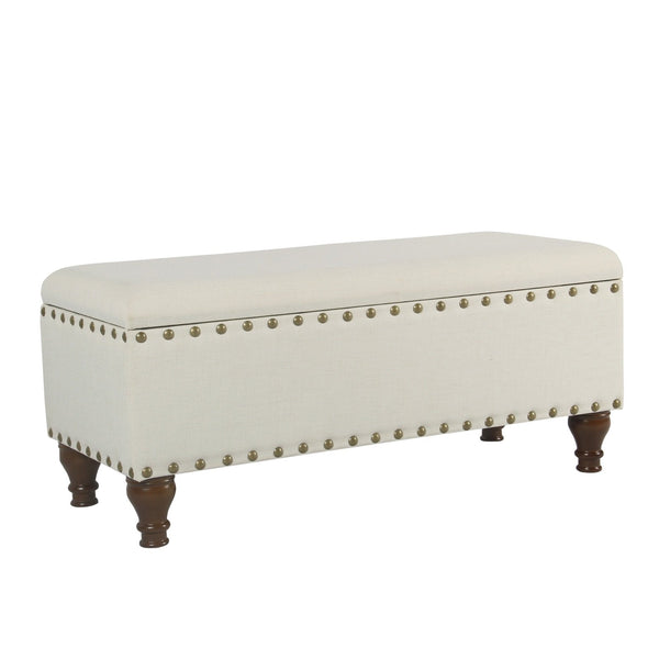 Fabric Upholstered Wooden Storage Bench With Nail head Trim, Large, Cream and Brown-Dining Benches-Cream and Brown-Polyester, Wood and Plywood-JadeMoghul Inc.