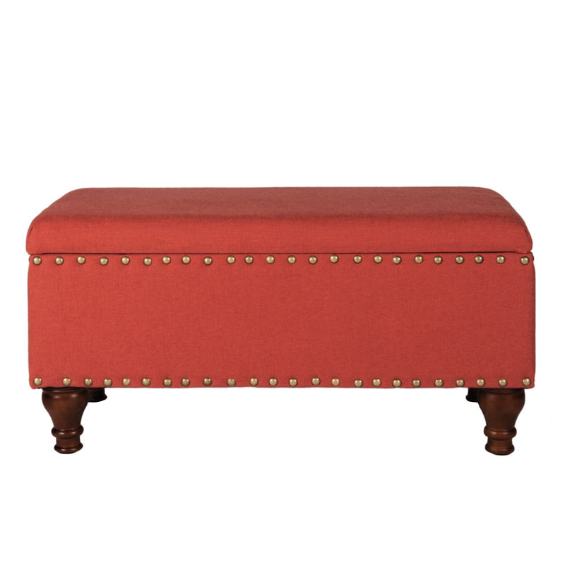 Fabric Upholstered Wooden Storage Bench With Nail head Trim, Large, Orange and Brown-Dining Benches-Orange and Brown-Polyester, Wood and Plywood-JadeMoghul Inc.