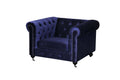 Fabric Upholstered Wooden Tufted Sofa Chair with Steel Casters, Blue-Sofa & Sectionals-Blue-Wood Velvet Fabric and Steel-JadeMoghul Inc.