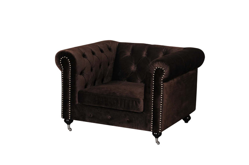 Fabric Upholstered Wooden Tufted Sofa Chair with Steel Casters, Brown-Sofa & Sectionals-Brown-Wood Velvet Fabric and Steel-JadeMoghul Inc.