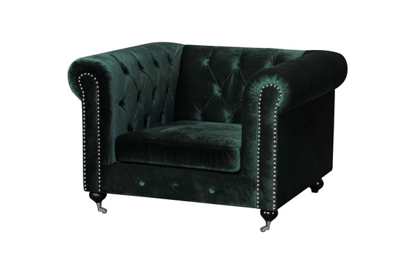 Fabric Upholstered Wooden Tufted Sofa Chair with Steel Casters, Green-Sofa & Sectionals-Green-Wood Velvet Fabric and Steel-JadeMoghul Inc.