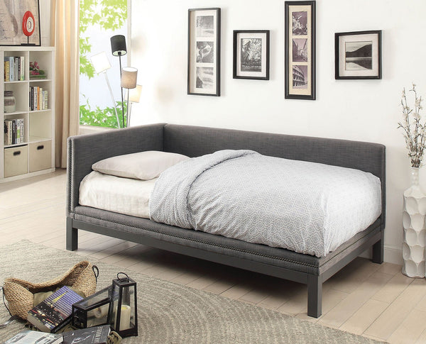 Fabric Upholstered Wooden Twin Size Daybed, Gray-Bedroom Furniture-Gray-Linen-like Fabric Wood and Metal-JadeMoghul Inc.