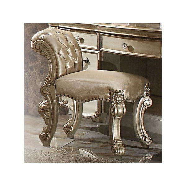Fabric Upholstered Wooden Vanity Stool with Tufted Back, Gold & Bone White-Accent Stools-Gold & White-Wood & Fabric-JadeMoghul Inc.