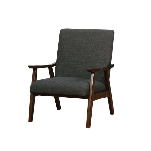 Fabric Upholstery Accent Chair with Wooden Curved Arms and Slanted Feet, Dark Gray and Brown-Accent Chairs-Gray and Brown-Wood and Fabric-JadeMoghul Inc.
