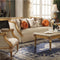 Fabric Upholstery Loveseat With Sloped Arms And Five Pillows, Beige And Gold-Living Room Furniture-Beige, Gold-Wood Fabric-JadeMoghul Inc.