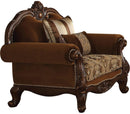 Fabric Upholstery Rolled Arm Chair With Two Pillows, Cherry Oak-Accent Chairs-Brown-Wood Fabric-JadeMoghul Inc.