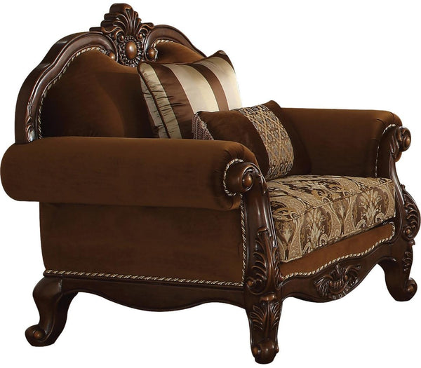 Fabric Upholstery Rolled Arm Chair With Two Pillows, Cherry Oak-Accent Chairs-Brown-Wood Fabric-JadeMoghul Inc.