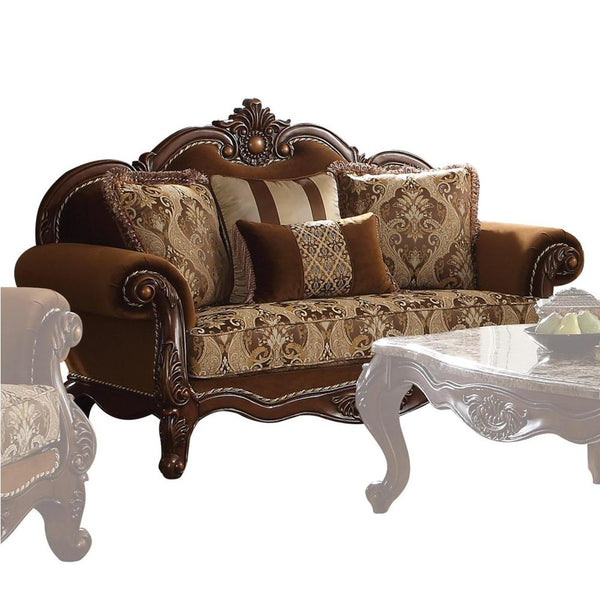 Fabric Upholstery Rolled Arm Loveseat With Four Pillows, Cherry Oak-Living Room Furniture-Brown-Wood Fabric-JadeMoghul Inc.