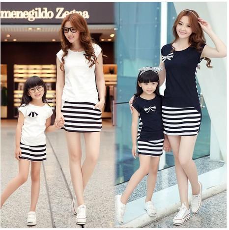 Family fashion summer set clothes for mother and daughter stripe sports skirt set matching mother daughter clothes-Beige-mom S-JadeMoghul Inc.