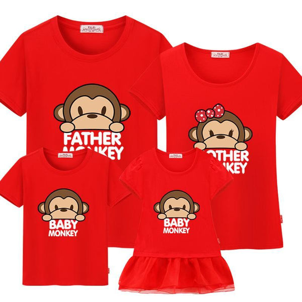 Family matching clothes 100%cotton casual T-shirts matching mother and daughter clothes mother daughter dress"Cute monkey"-red-Female 160cm-JadeMoghul Inc.