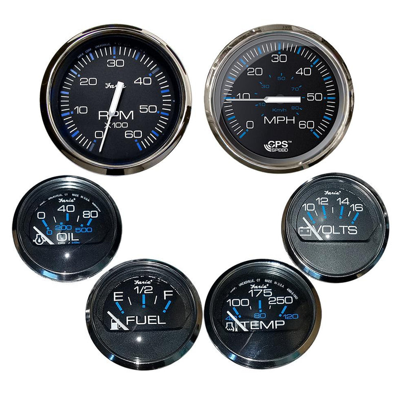 Faria Box Set of 6 Gauges - Speed, Tach, Fuel Level, Voltmeter, Water, Temp Oil PSI - Chesapeake Black w-Stainless Steel Bezel [KTF064]-Gauges-JadeMoghul Inc.